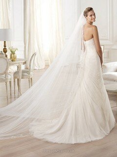 Sheath/Column Ivory Tulle Sweep Train Ruffles Pretty Wedding Dresses #00020321