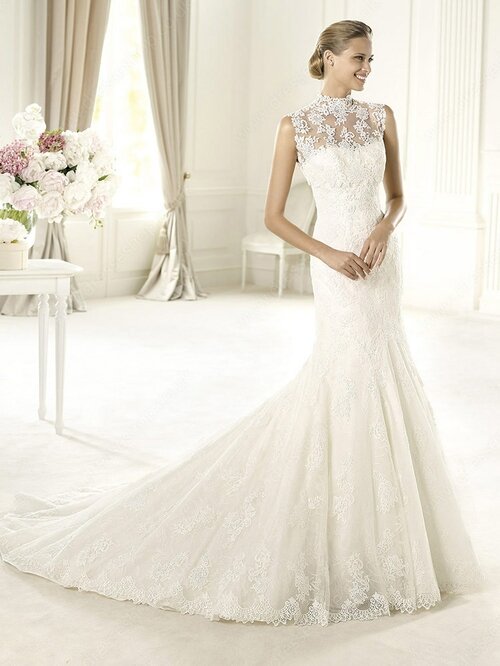 High Neck Ivory Lace with Appliques Lace Popular Trumpet/Mermaid Wedding Dresses #00020327