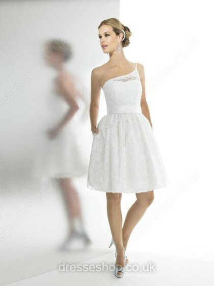 White Knee-length Spaghetti Straps Lace Sashes / Ribbons One Shoulder Wedding Dresses #00016049