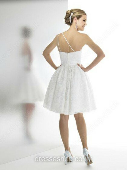 White Knee-length Spaghetti Straps Lace Sashes / Ribbons One Shoulder Wedding Dresses #00016049