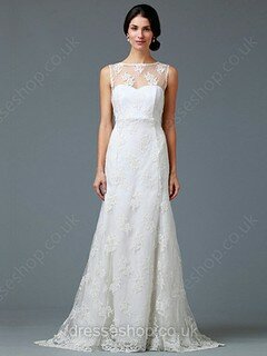 Open Back Scoop Neck Tulle with Appliques Lace Fashion Wedding Dresses #00016070