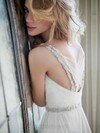 A-line Spaghetti Straps Chiffon Sweep Train White Beading Wedding Dresses #00016073