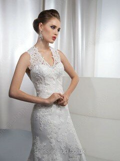 Trumpet/Mermaid V-neck Beading Ivory Lace Amazing Wedding Dress #00016113