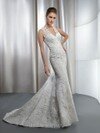 Trumpet/Mermaid V-neck Lace Satin Sweep Train Ivory Beading Wedding Dresses #00016113