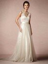 A-line Ivory Tulle Appliques Lace V-neck Modest Wedding Dresses #00016116