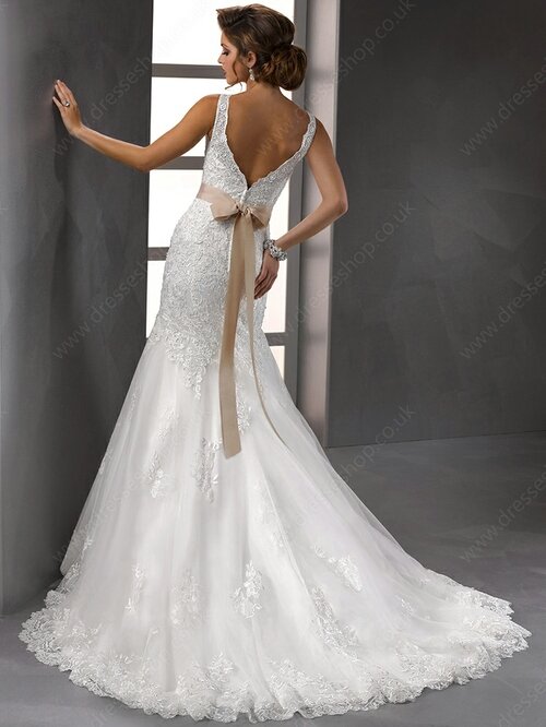 V-neck White Lace Sashes / Ribbons Open Back Trumpet/Mermaid Wedding Dresses #00016120