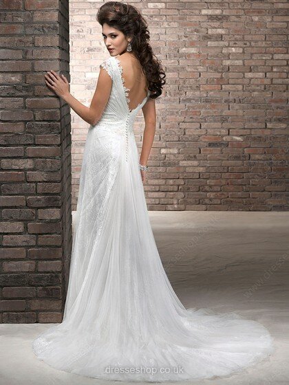 Sheath/Column Cap Straps Tulle Lace Beading Open Back V-neck Wedding Dresses #00016124