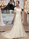 A-line Square Lace Satin Court Train Ivory Appliques Wedding Dresses #00016126