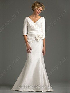 Trumpet/Mermaid V-neck Taffeta Floor-length Ivory Flowers Wedding Dresses #00016127