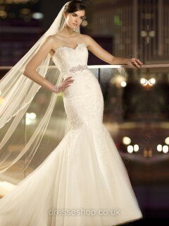 Sweetheart Ivory Tulle Sashes / Ribbons Lace-up Trumpet/Mermaid Wedding Dresses #00016129