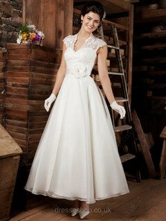 Ankle-length White Organza Lace Sashes / Ribbons Cap Straps V-neck Wedding Dress #00016133