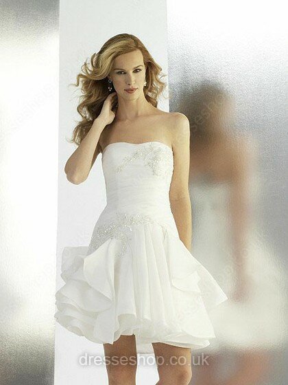 A-line Strapless Organza Short/Mini Appliques White Wedding Dresses #00016274