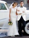 Affordable Scoop Neck Cap Straps White Lace Buttons Trumpet/Mermaid Wedding Dresses #00016142