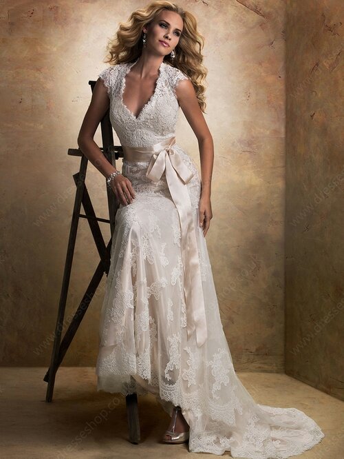 Ivory Sheath/Column V-neck Cap Straps Lace Sashes / Ribbons Open Back Wedding Dress #00016144