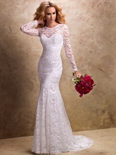 Long Sleeve Trumpet/Mermaid White Lace Draped Scoop Neck Wedding Dresses #00016145