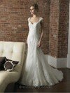 Trumpet/Mermaid Off-the-shoulder Lace Satin Court Train Ivory Appliques Wedding Dresses #00016149