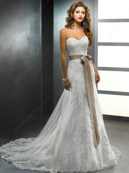 Sweetheart White Perfect Lace with Sashes / Ribbons Sheath/Column Wedding Dresses #00016153