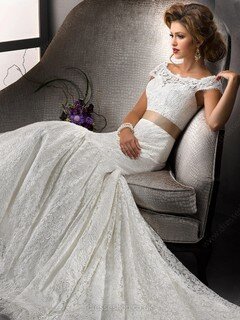 White Scoop Neck Lace Sashes / Ribbons Trumpet/Mermaid Cap Straps Wedding Dresses #00016154