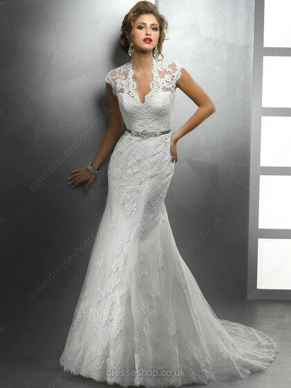 Trumpet/Mermaid Cap Straps V-neck Lace Sashes / Ribbons White Wedding Dresses #00016155