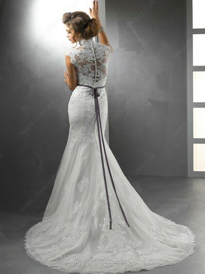 Trumpet/Mermaid Cap Straps V-neck Lace Sashes / Ribbons White Wedding Dresses #00016155