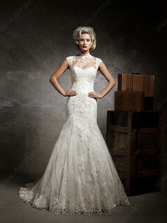 Hot Trumpet/Mermaid Ivory Lace with Buttons High Neck Wedding Dresses #00016168