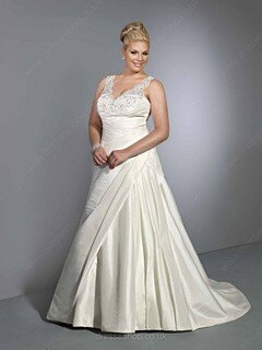 V-neck Ivory Taffeta Chapel Train Appliques Lace Discounted Wedding Dress #00016171