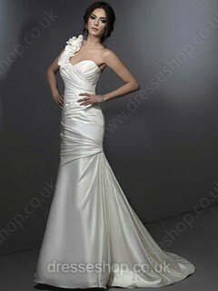 Trumpet/Mermaid One Shoulder Satin Chapel Train White Ruffles Wedding Dresses #00016202