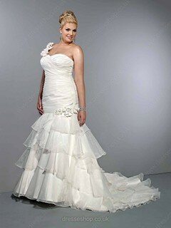 Trumpet/Mermaid One Shoulder Organza Satin Court Train White Tiered Wedding Dresses #00016204