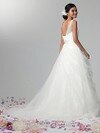 Ball Gown One Shoulder Tulle Satin Sweep Train Flowers White Wedding Dresses #00016226