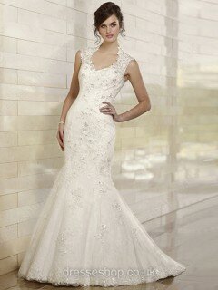 Open Back Trumpet/Mermaid White Tulle Appliques Lace Sweep Train Wedding Dresses #00016234