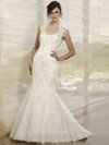 Trumpet/Mermaid V-neck Tulle Satin Sweep Train Lace White Wedding Dresses #00016234