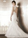 Open Back Trumpet/Mermaid White Tulle Appliques Lace Sweep Train Wedding Dresses #00016234