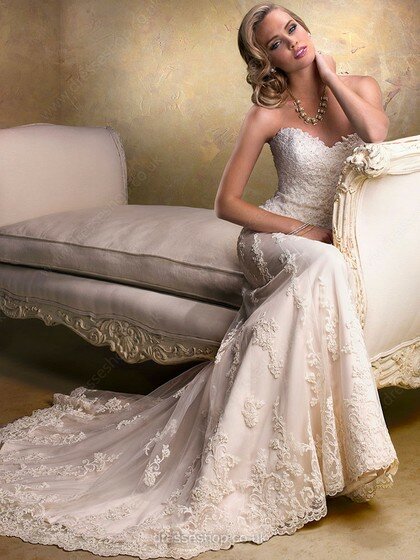 Ivory Open Back Sheath/Column Lace Appliques Sweetheart Wedding Dress #00016246