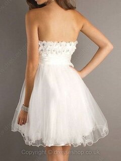 Sweet Strapless White Tulle with Flower(s) Short/Mini Prom Dresses #02013203