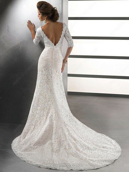 V-neck 1/2 Sleeve Lace Beading Trumpet/Mermaid Ivory Wedding Dress #00016498