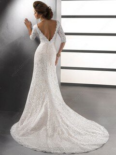V-neck 1/2 Sleeve Lace Beading Trumpet/Mermaid Ivory Wedding Dress #00016498