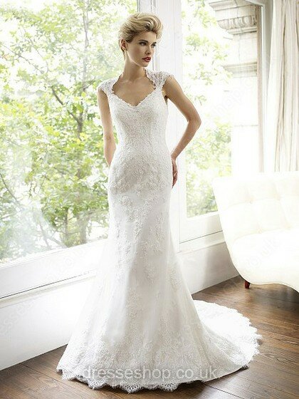 White Sheath/Column Lace Buttons Cap Straps V-neck Wedding Dress #00016512