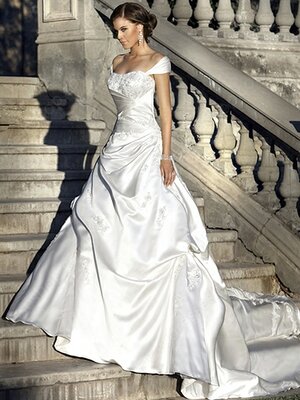 A-line Off-the-shoulder Satin Organza Sweep Train Ivory Appliques Wedding Dresses #00016532