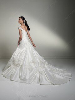 A-line Off-the-shoulder Taffeta Court Train White Flowers Wedding Dresses #00016545