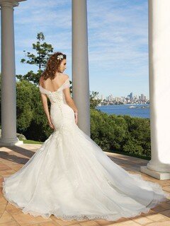 Off-the-shoulder Organza Court Train Appliques Lace Ivory Wedding Dress #00016546