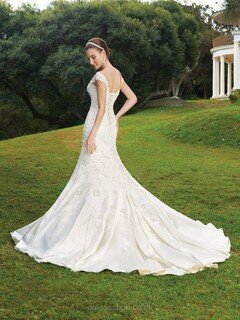 Ivory Off-the-shoulder Satin Court Train Appliques Lace Trumpet/Mermaid Wedding Dress #00016547