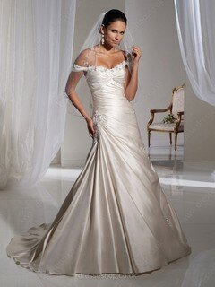Chapel Train Off-the-shoulder Ivory Satin Beading Lace-up Wedding Dresses #00016548