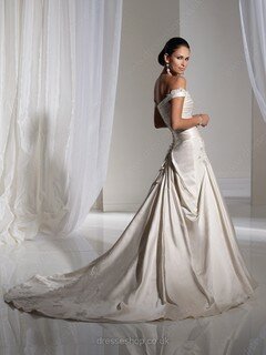 A-line Off-the-shoulder Satin Chapel Train Ivory Ruffles Wedding Dresses #00016548