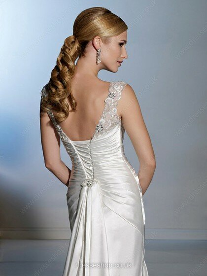 V-neck Vintage White Satin Beading Sheath/Column Wedding Dress #00016549
