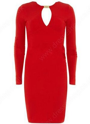 Red V-neck Long Sleeve Slim Bodycon Dress#100000213122102824