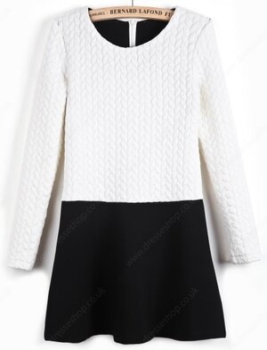 White and Black Long Sleeve Embossmeant Dress#100000213122102828