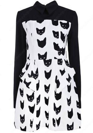 Black White Long Sleeve Cats Print Ruffle Dress#100000213122102831