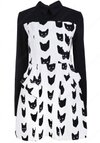 Black White Long Sleeve Cats Print Ruffle Dress