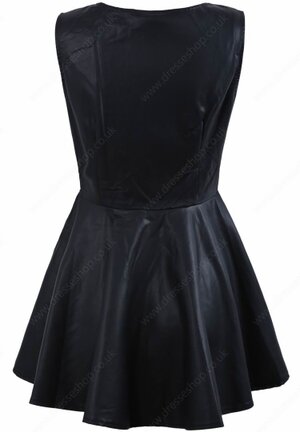 Black Scoop Neck Sleeveless Pleated PU Leather Dress#100000213122102832
