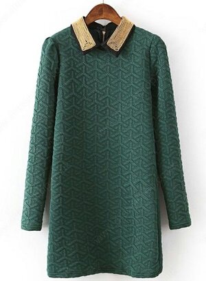 Green Lapel Long Sleeve Geometric Pattern Dress#100000213122102833